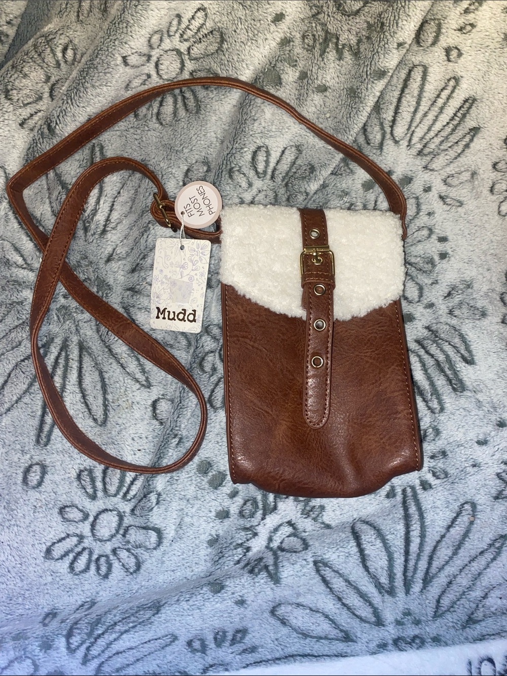Mudd Brown Faux-Leather Crossbody Bag with Cream Sherpa Accent